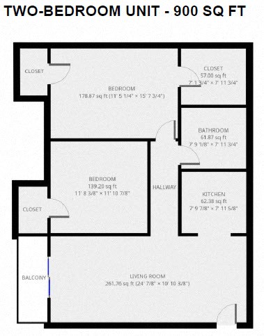 Floor plan for 2 beds, 1 bath, 900 sqft